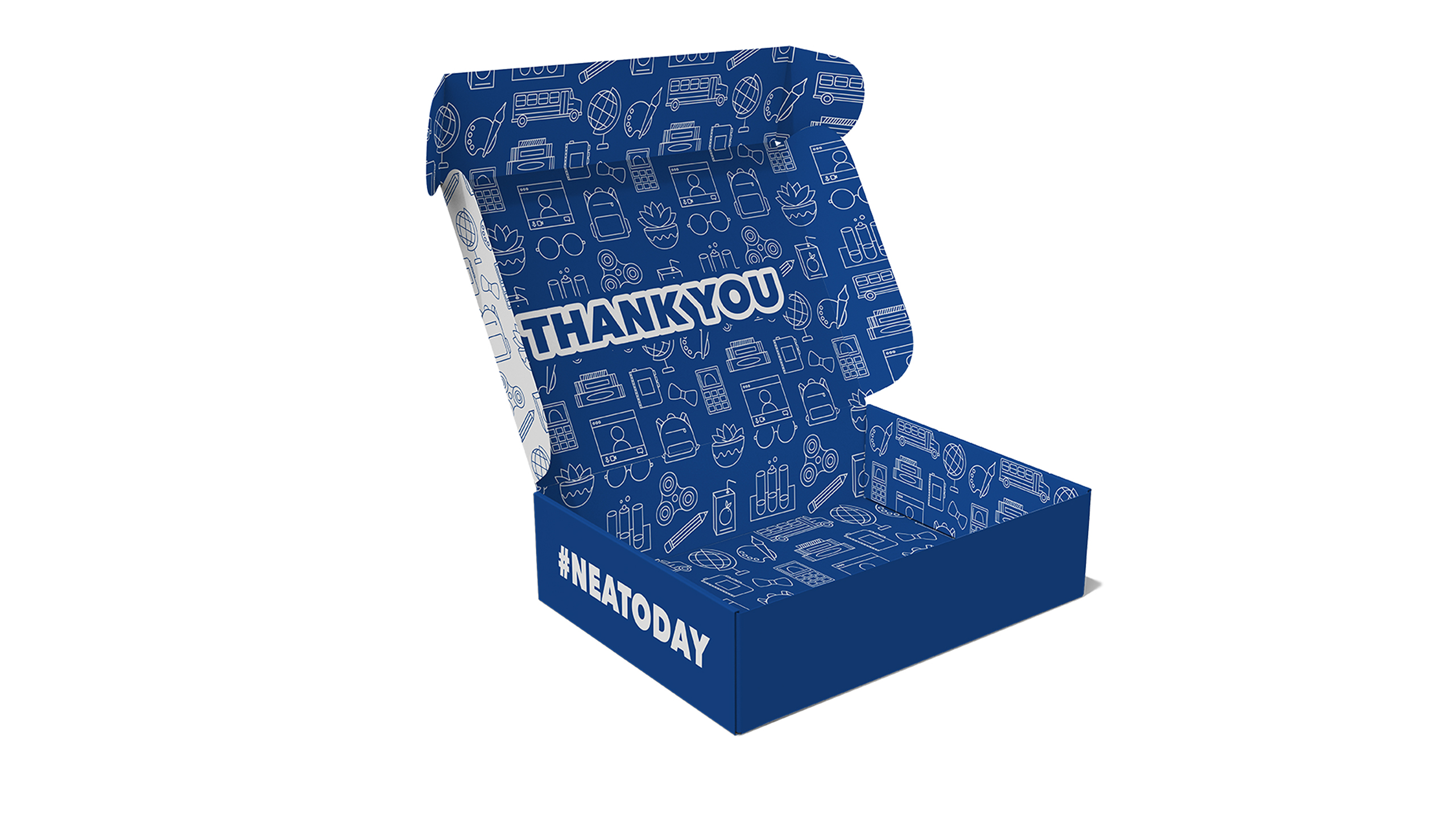 An open influencer box featuring a blue and white education themed pattern and the words 